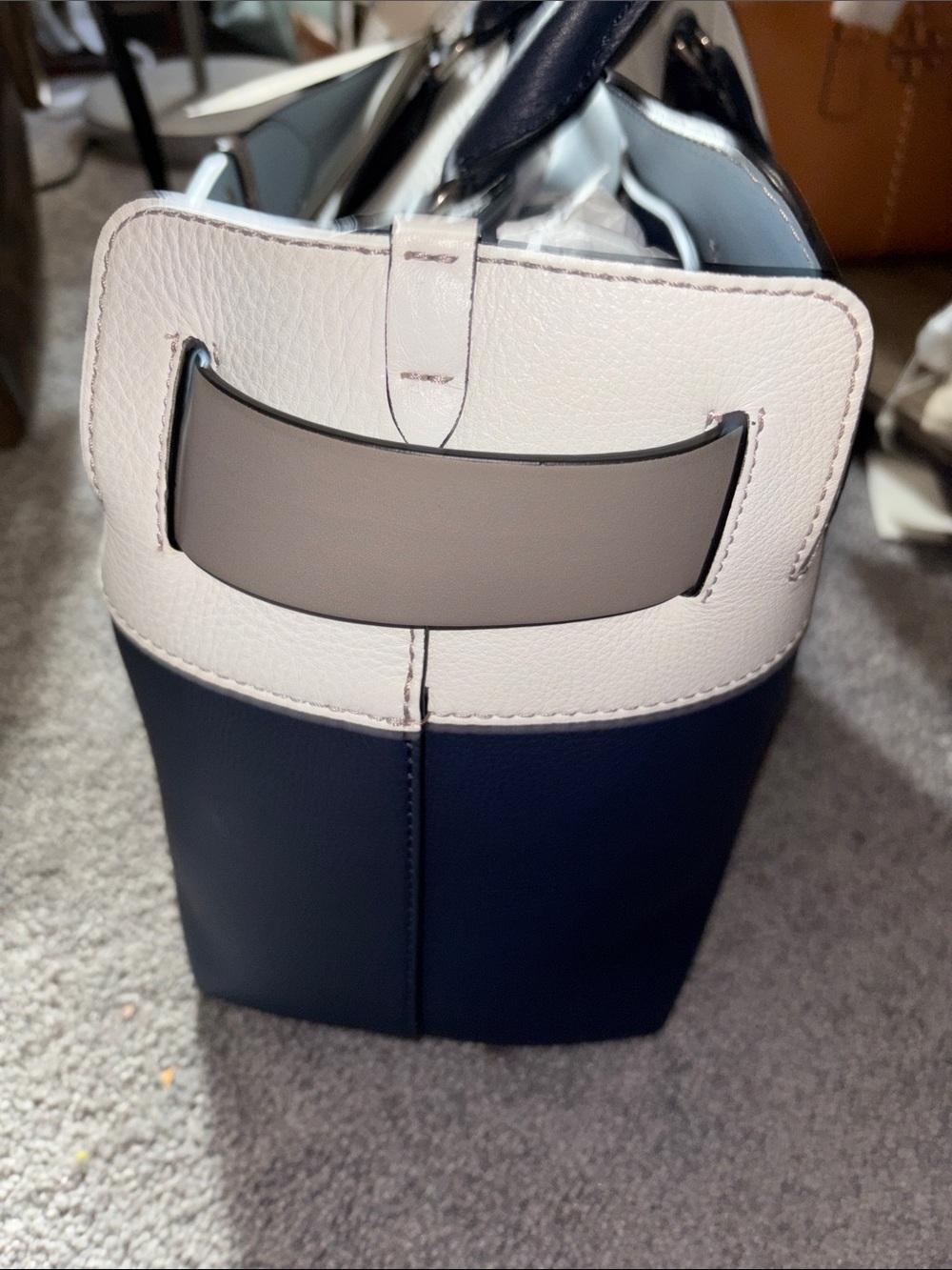 Burberry Navy, White and Gray Leather Tote with Belt Accent - Picture 4 of 9